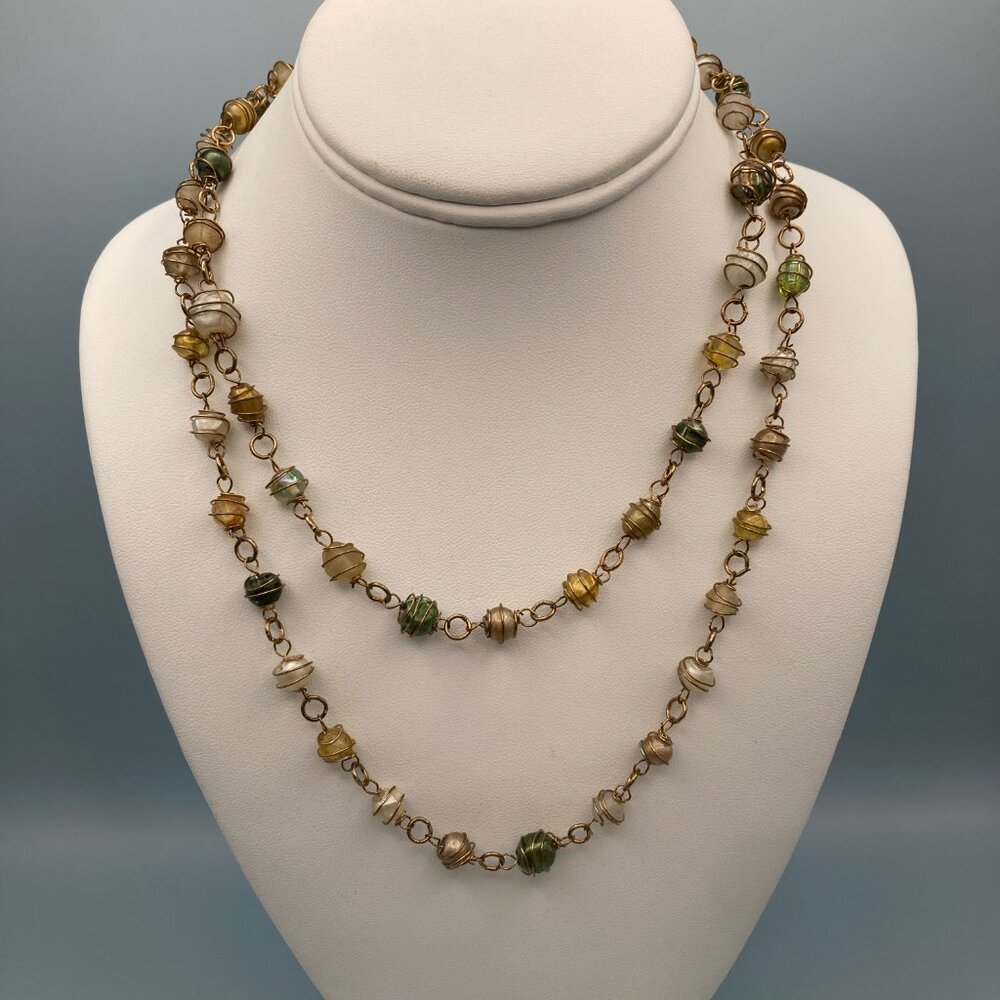 Multi-Colored Wire Wrapped Long  Single Strand Beaded Necklace  37" Boho Vintage